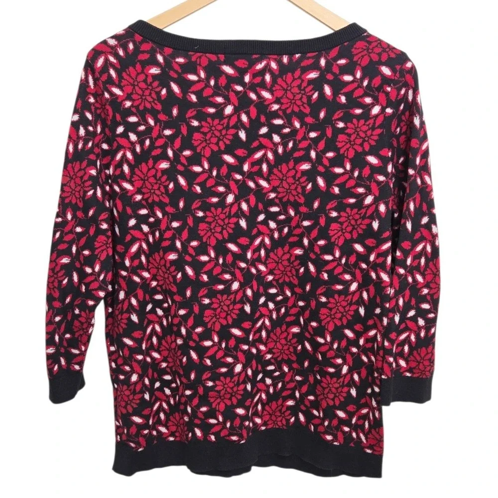 Lands‎ End Womens Red Floral Knit Sweater Top XL 3/4 Sleeve Supima Cotton Casual